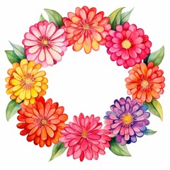 zinnia themed frame or border for photos and text. bold and vibrant colors. watercolor illustration, flowers frame, botanical border, An illustration for printing design, textile.