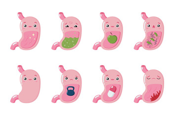 Stomach character set. Healthy and sick stomach. Cartoon internal organs. Gastritis and heartburn. Improper diet, acid, infection. Stock vector illustration isolated on white background.