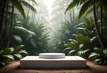 A tropical forest with a round table and a round table with a circle with a palm tree in the background