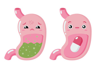 Cartoon stomach. Healthy and sick stomach character. Gastritis and heartburn. Improper diet, acid, infection. Stock vector illustration isolated on white background.