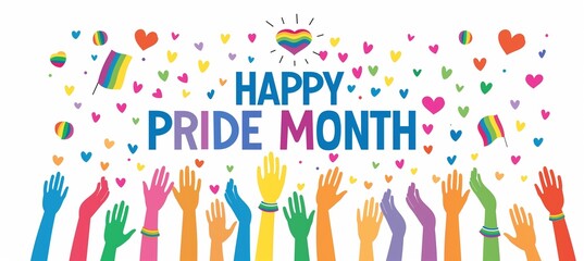 Pride Day themed rainbow hearts and raised hands with text "HAPPY PRIDE MONTH"