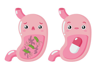 Cartoon stomach. Healthy and sick stomach character. Gastritis heartburn. Improper diet, acid, infection. Stock vector illustration isolated on white background.