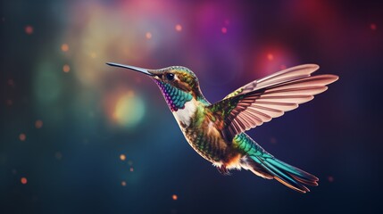 Fototapeta premium Close-up of a hummingbird in flight against a colorful, abstract background, showcasing its iridescent feathers.