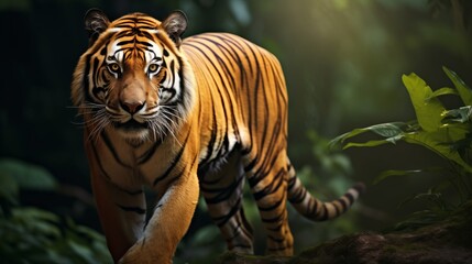 Obraz premium Bengal tiger prowling through dense jungle foliage, eyes focused and alert, highlighting its strength.