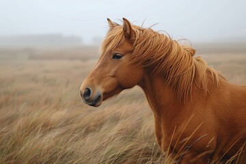 Obraz premium A stunning chestnut horse with a thick, flowing mane standing in a windy grass field, with a soft focus background