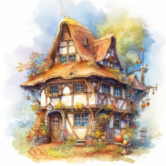 Obraz premium Cabin in the Wood, Cartoon Illustration, Generative AI