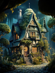 Naklejka premium Cabin in the Wood, Cartoon Illustration, Generative AI