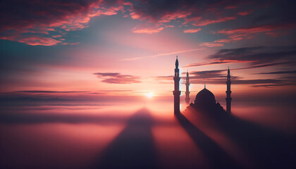 Casting shadows of mosque minarets. This image is ideal for Islamic backgrounds, symbolizing faith and serenity.