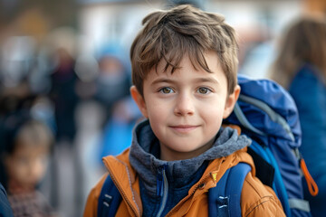 Smiling Boy with Backpack Outdoors