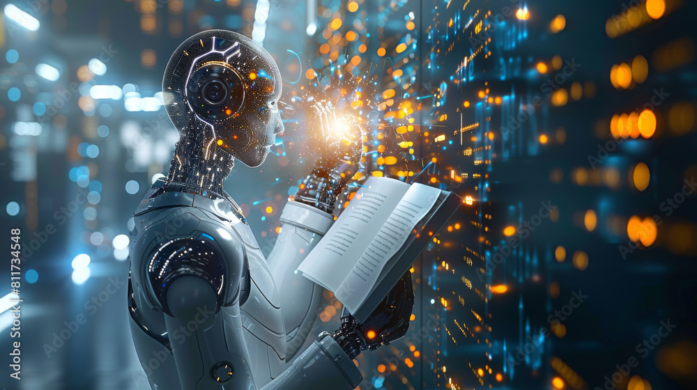 Poster An AI robot holding an open book with blue pages on the background, surrounded by digital code and letters. The color scheme is white for contrast against light blue background. Generative AI.