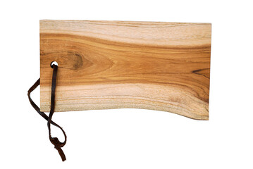 wooden cutting board or chopping board with leather rope in png format