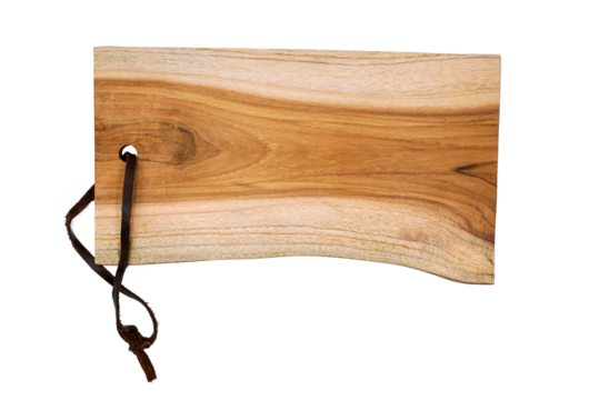 wooden cutting board or chopping board with leather rope in png format