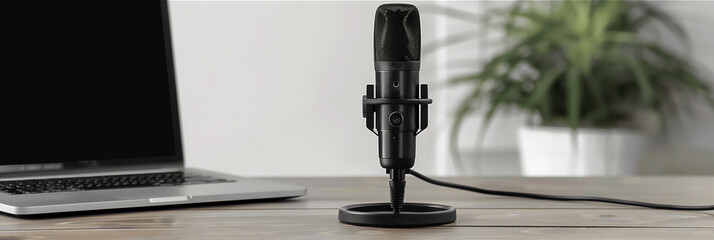 Home studio podcast interior. Microphone, laptop on the table, close-up banner
