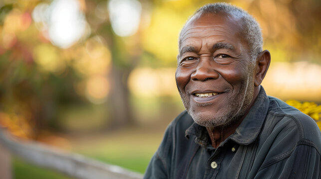Older senior black man smiling warmly to camera in sunny outdoors garden or parkland setting, landscape 16:9 format, copy space