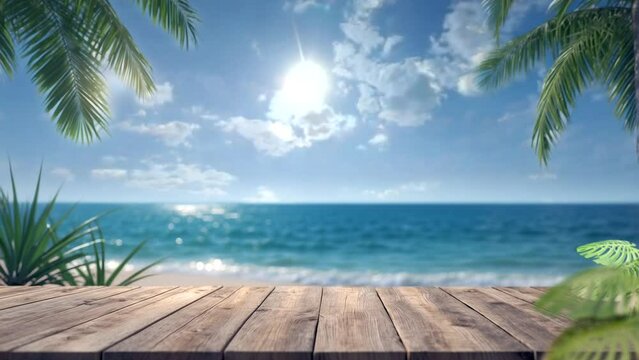 empty wooden table for products beach background with palm trees and sea