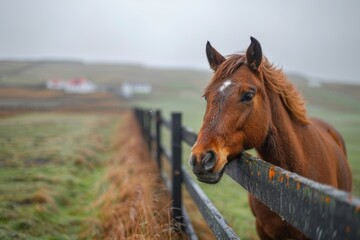 A warm close-up of a brown horse leaning over a weathered fence on a foggy day with a rural backdrop