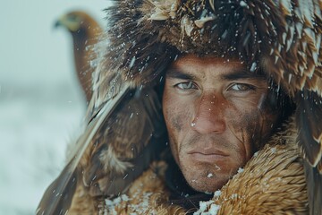 A stunning capture of an eagle with snow-covered feathers, partially obscured but still exuding a wild, untamed spirit