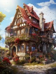 Fototapeta premium Cabin in the Wood, Cartoon Illustration, Generative AI