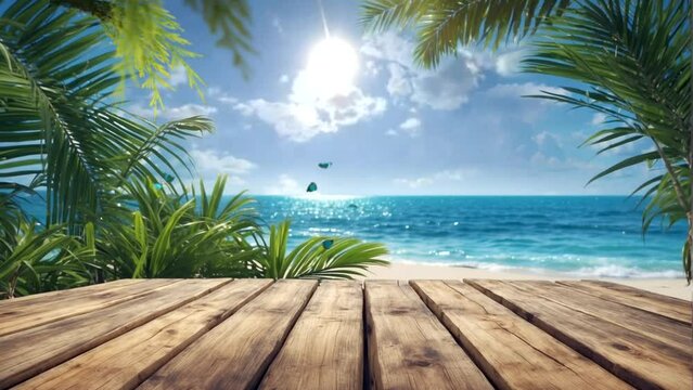 empty wooden table for products beach background with palm trees and blue sky