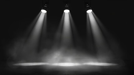vector spotlights shining down on an empty stage with soft light, vector illustration, flat design.	