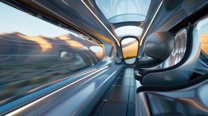 A hyper-realistic close-up of a hyperloop pod interior. Passengers enjoy a comfortable, futuristic cabin with panoramic windows showcasing the blur of the passing landscape.