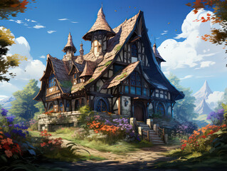 Obraz premium Cabin in the Wood, Cartoon Illustration, Generative AI