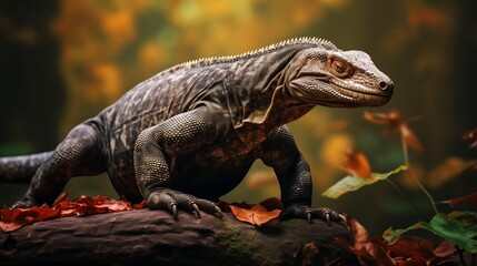 Obraz premium Komodo dragon resting on a rock with a blurred jungle background.