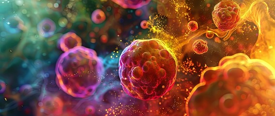 Colorful 3d illustration of abstract virus particles in vibrant hues