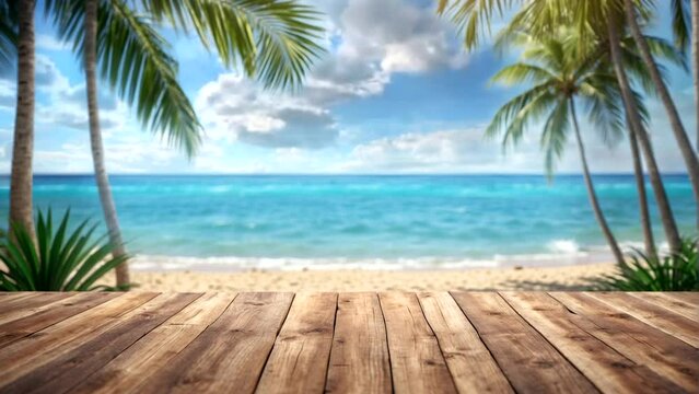 empty wooden table for products beach background with palm trees and blue sky