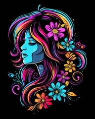 A woman with long hair adorned with vibrant flowers, exuding natural grace and beauty