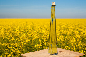 A bottle of organic rapeseed oil, natural gold against a yellow sea of rapeseed. Valuable and...