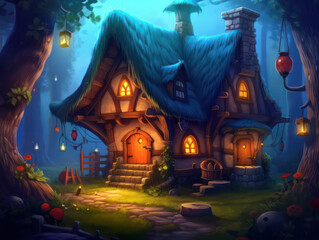 Cabin in the Wood, Cartoon Illustration, Generative AI