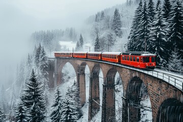 A striking red train travels on an arched bridge amidst a winter forest covered in snow