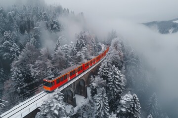 A stunning aerial view of a red train crossing a snowy forest-covered bridge amidst a foggy winter landscape