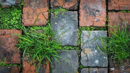 Grass growing in brick pattern gaps