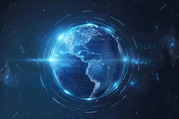 Obraz premium Glowing Holographic Earth Globe on Blue Background - Global Business Technology Concept - World Map