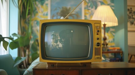 The vintage television Against the backdrop of Retro wallpaper and mid-century furniture.
