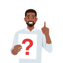 Young man holding question mark in think bubble and finding new idea pointing finger up