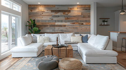 A modern farmhouse living room with a reclaimed wood accent wall and a plush sectional sofa