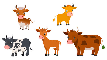 Set of cute Cows, icons of cute animals, hand drawn cartoon cows, Cute characters of a cow, Bull and buffalo head cow animal