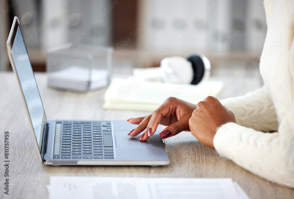 Poster typing, hand and research on laptop, writing and notebook for online or distance learning. computer,