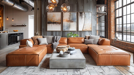 A modern living room with a statement leather sectional, a concrete coffee table, and industrial-inspired lighting.