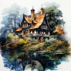 Naklejka premium Cabin in the Wood, Cartoon Illustration, Generative AI