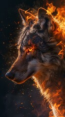 Majestic fiery wolf portrait in dramatic lighting