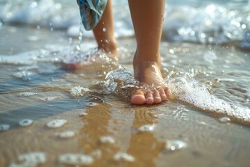Close-Up of Feet Walking on Wet Sand at Beach
