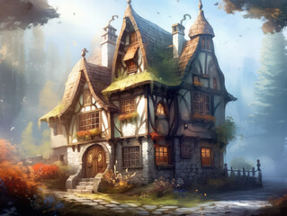 Obraz premium Cabin in the Wood, Cartoon Illustration, Generative AI
