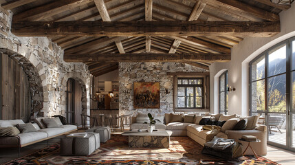 A rustic living room with a stone wall and a wooden beam ceiling