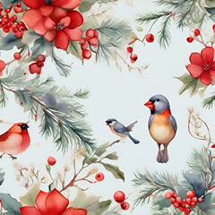 Christmas berries seamless pattern, watercolor illustration, generative ai