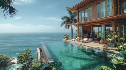 A luxurious beach house with wooden accents and an infinity pool, surrounded by palm trees and clear blue water. The villa has large windows overlooking the ocean. Generative AI.