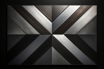 Close-up of stainless steel wall silver black intersecting X stripes in groove joint shape